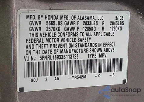 2003 Honda Odyssey Ex-L z USA, uszkodzony, nr VIN 5FNRL18933B113728